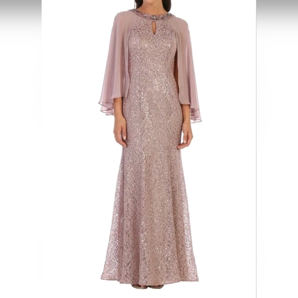 EVA L LONG FORMAL EVENING GOWN SEQUINS 3/4 SLEEVE BELTED Mauve Pink 3276